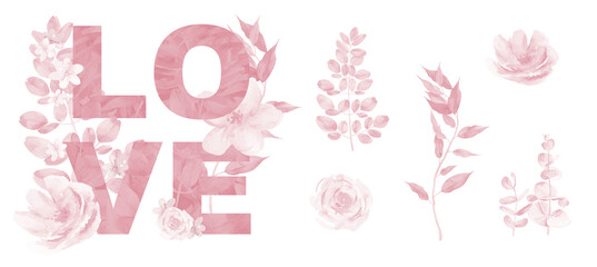 14 February Valentine's day pink flower sign set. Watercolour pastel holiday collection 14 February Day 