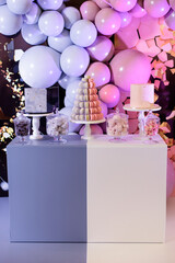 Photo zone and candy bar for a gender party made in pink and blue colors.