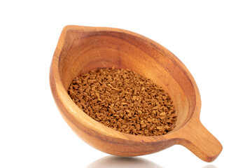 Fragrant instant coffee with wooden cup, macro, isolated on white background.