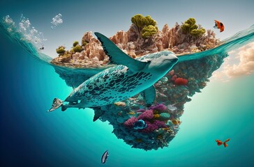 Fantasy ornamented whale swimming underwater, magical tulkun in the reef, generative ai, way of water