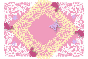 カード　横　うさぎと森のレースデザイン　イラスト素材