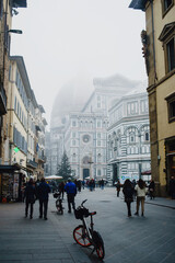 View of the Renaissance Cathedral of Santa Maria del Fiore. Morning, fog, atmosphere