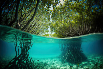 Underwater photograph of a mangrove forest with flooded trees, an uncommon underwater scene, and an underwater ecology. Generative AI - obrazy, fototapety, plakaty