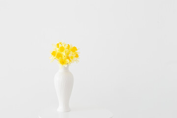 yellow spring flowers in white vase on white background