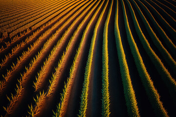 Obraz premium Rows of corn shoots in a cornfield, ripening cornfield in sunset light, aerial perspective, agriculture idea, rural scene with maize field, and autumnal mood. Generative AI