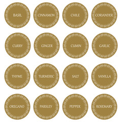 Cardboard food labels or stickers. It can be used for marking kitchen food containers with spices. Labels, stickers, craft decals, floral frame and spice name in English
