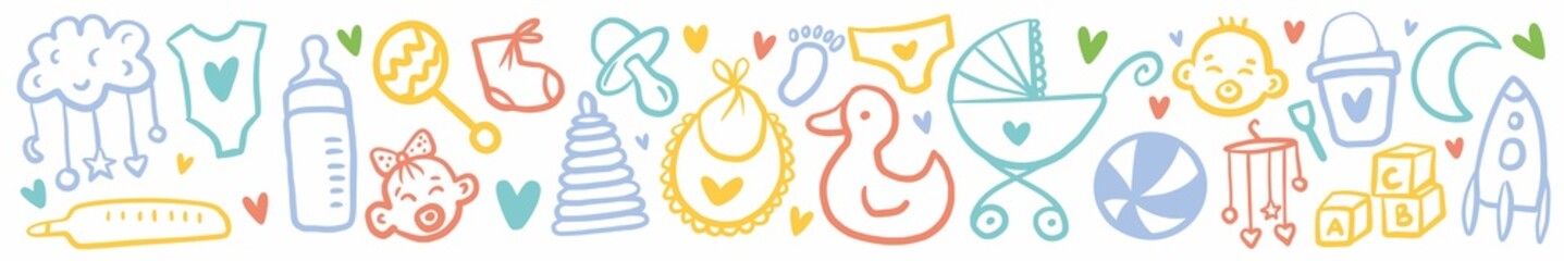 Obraz premium Horizontal vector illustration with elements for newborns, hand-drawn in the style of a doodle 