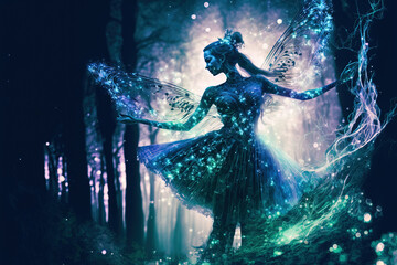 Fototapeta na wymiar Dancing fairy in an enchanted magical forest. Digital artwork
