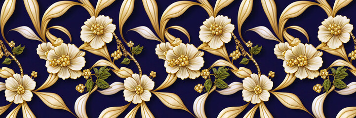 Beautiful floral jewelry wallpaper. Seamless repeat pattern for wallpaper, fabric and paper packaging, curtains, duvet covers, pillows, digital print design. Digital artwork	