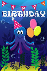 Octopus in underwater world congratulating with Happy Birthday, vector illustration