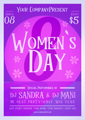 Womens Day Poster in violet colors with a number eight and white flowers on background vector