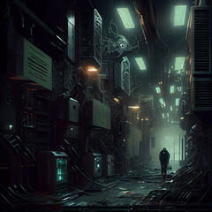 Fototapeta na wymiar Dark postapocalyptic street of an unknown city, postapo future vision, generative ai