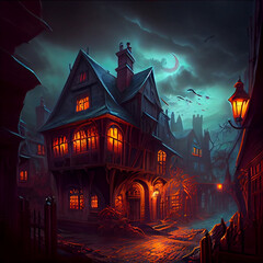 Haunted old town house, Big historical haunted city, generative ai