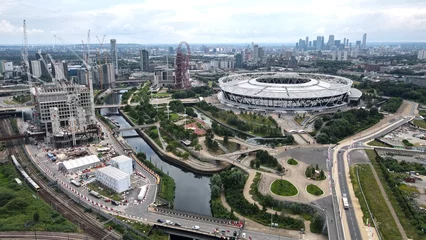 Gordijnen Londen Queen Elizabeth Olympic Park Stratford East London Drone, Aerial, view from air, birds eye view, ...Queen Elizabeth Olympic Park Stratford East London Drone, Aerial, view from air, birds eye view, ...  © Air Video UK 