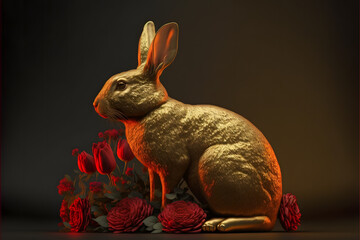 Fototapeta na wymiar Gold bunny rabbit with red flowers, dark background, Chinese year, studio 3d illustration digital generative ai design art style