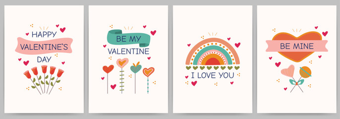Naklejka premium Set of greeting cards Happy Valentine's Day, invitations, declaration of love. Rectangular templates with candies, hearts, ribbons, roses, rainbow. Vector illustration with text.