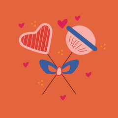 Romantic card for Valentine's Day. Square templates with candies tied with a bow, hearts, dots. Vector illustration on a bright orange background.