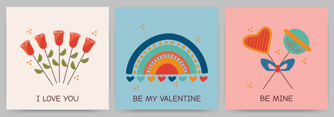 Set of greeting cards Happy Valentine's Day, invitations, declaration of love. Square templates with candies, hearts, roses, rainbow. Vector illustration with text.