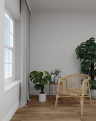 Empty white wall with rattan chair and table. 3d rendering of interior living room with sky background.