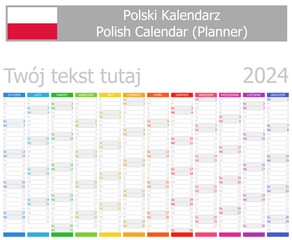 2024 Polish Planner Calendar with Vertical Months on white background - obrazy, fototapety, plakaty