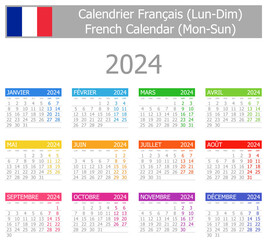 2024 French Type-1 Calendar Mon-Sun on white background