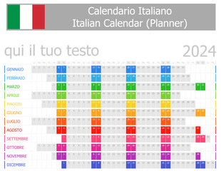 2024 Italian Planner Calendar with Horizontal Months on white background