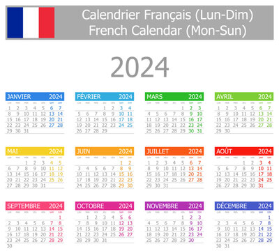 2024 French Type-1 Calendar Mon-Sun on white background