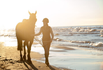 Young lady equestrian leading brown horse on seaside
