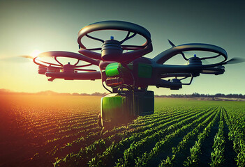 Drone treats farm field. Plant condition monitoring and field spraying..