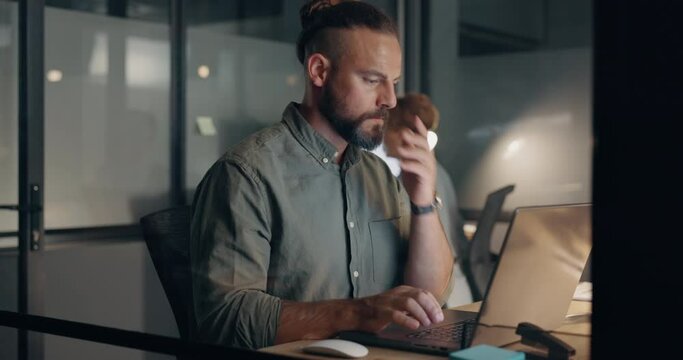 Business, laptop and man with stress, night and typing proposal, digital marketing and office. Male, manager and agent with computer, online research and frustrated in workplace, planning and anxiety