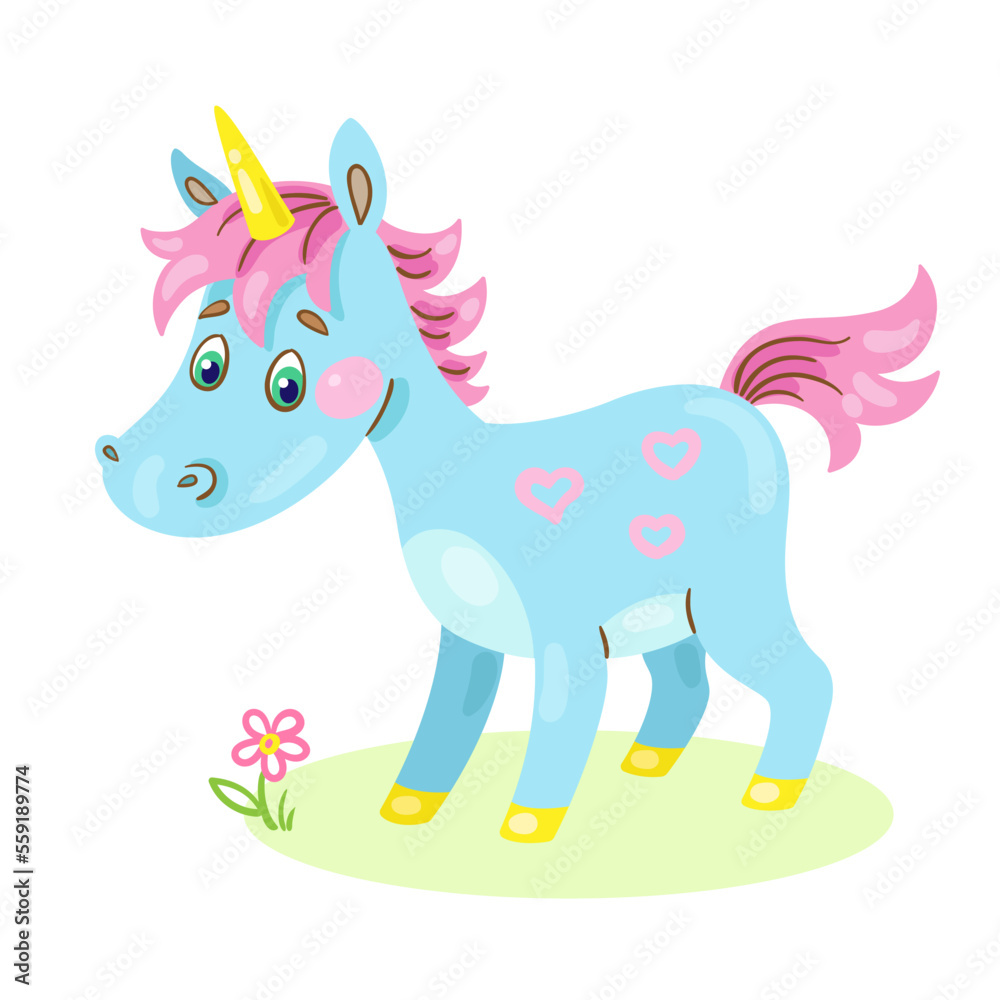 Sticker One funny little unicorn.  In cartoon style. Isolated on white background.  Vector flat illustration.