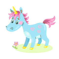 One funny little unicorn.  In cartoon style. Isolated on white background.  Vector flat illustration.