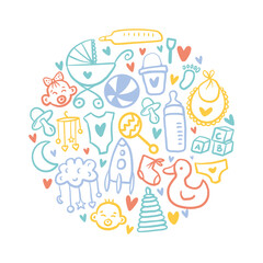 Obraz premium Vector, round pattern with elements for newborns, hand-drawn in the style of a doodle