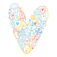 Vector heart-shaped pattern with elements for newborns, hand-drawn in doodle style