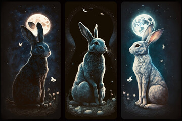 Rabbit and Moon Triptych Generative AI - obrazy, fototapety, plakaty