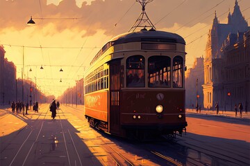 Obraz premium a painting of a trolley on a city street at sunset with people walking on the sidewalk and a tram on the tracks in the background, with a person walking on the sidewalk, and a.