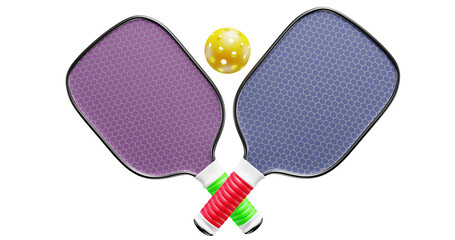 Pickleball ball and rackets for playing. Sports equipment set 3D rendering