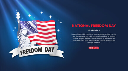 National freedom day background with a flag and statue with light and sparkles