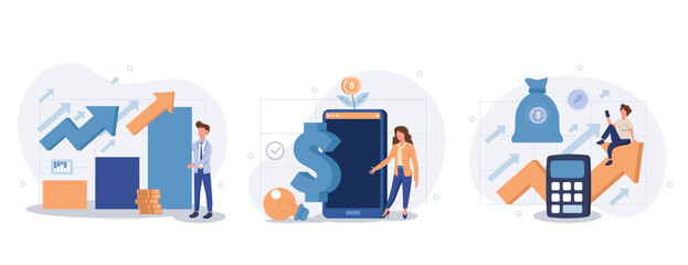 Finance growth illustration set. Characters analyzing investments, celebrating financial success and money growth. Money increasing concept. Vector illustration. - obrazy, fototapety, plakaty