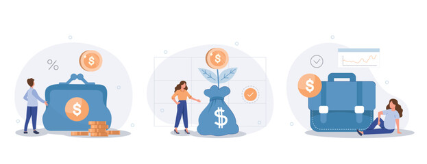 Financial management concept. Money saving and investing illustration set. Characters managing investment portfolio, planning invest strategy, savings and budgets. Vector illustration.