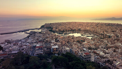 Aerial drone photo of iconic round port and Marina of Zea or Passalimani at dusk with beautiful colours, Piraeus, Attica, Greece
