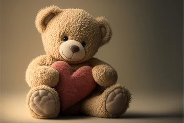 Fotobehang a teddy bear holding a heart on a brown background with a light shadow behind it and a light shadow behind it, with a soft light colored background, with a soft, soft,. © Anna