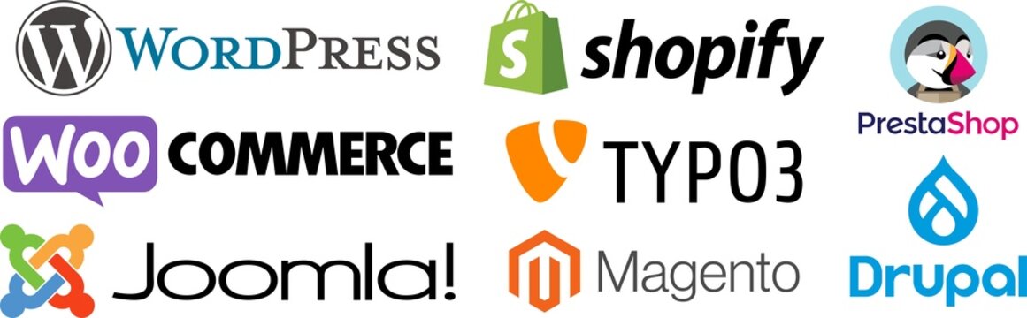 Set of CMS systems logo: WordPress, Shopify, WooCommerce, PrestaShop, Magento, Joomla, Drupal, TYPO3. PNG image