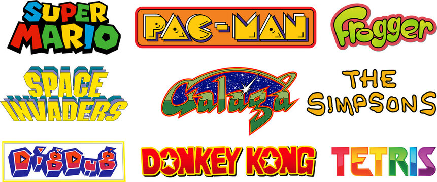 Top Arcade Games Logos. Super Mario, The Simpsons, Donkey Kong, Pac Man, Frogger, Galaga. PNG image