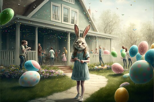 a painting of a girl with a bunny mask standing in front of a house with balloons and people in the yard behind her, and a rabbit in the foreground, and a house.
