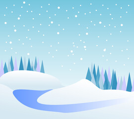 Vector illustration: Cartoon Winter snowy Mountains landscape with pines and hills near winter river in forest