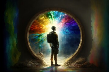 Soldier standing at a colourful portal. Generative AI, this image is not based on any original image, character or person.