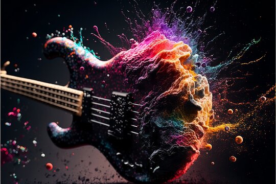 Bass guitar exploding with creative energy. Generative AI, this image is not based on any original image, character or person.