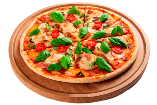 Delicious pizza served on wooden plate isolated on white