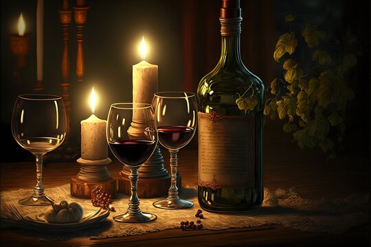 a painting of wine and candles on a table with a cloth and a bottle of wine and two glasses of wine on the table with a candle in the background and a bottle on the.